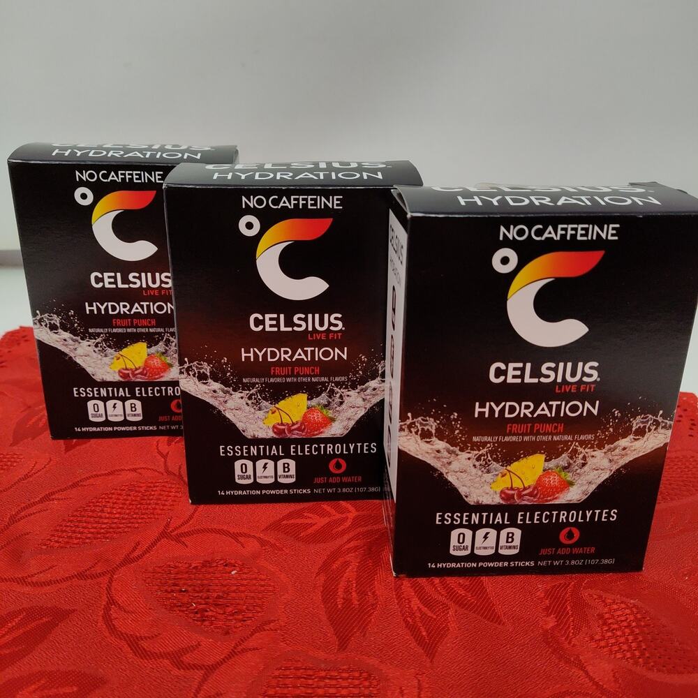 3X CELSIUS HYDRATION 0 Sugar Fruit Punch Electrolyte 14 Powder Sticks Exp 1/27